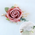 Pink velvet rose wedding wrist corsage with gold leaves and white lace elastic band - Wrist Corsage / Rose Pink