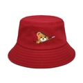 Dettaglio cappello a secchiello rosso in cotone con grafica creativa a orsetto e tesa cucita - M(56-58cm) / Rosso