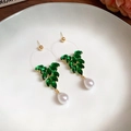 Elegant gold earrings with green marquise crystals and a white teardrop pearl pendant - Gold Green Leaf Artificial Pearl Dangle Style