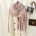 Pink paisley jacquard scarf with tassels layered over a beige coat in a cozy setting - VE018 White Red