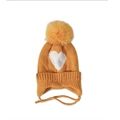 Detailed knit texture of mustard yellow baby hat with heart pattern and faux fur pompom - Kids (49-52cm) / Yellow