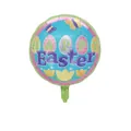 18-inch round Happy Easter foil balloon featuring colorful eggs and tulips on blue - 18 Inch Round Easter Egg Tulip
