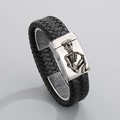 Gothic black braided leather bracelet featuring a silver skull skeleton metal clasp - Skeleton Embossed Black Braided Leather Style / 20x220mm(KB62899-BD)