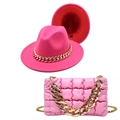 Two-piece set with fuchsia fedora hat and pink quilted handbag featuring gold chains - M (56-58cm) / Rose Red and Red