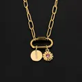 14K Gold plated stainless steel paperclip necklace with letter I and pink flower charm - Gold / Letter I