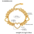 Detail showing heart-shaped charms with zircon inlay and triple-row stainless steel chain - Gold Hollow Zirconia Heart Bracelet (E169) / 18+3cm