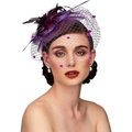 Elegant purple bridal fascinator with feather floral detail and polka dot mesh veil - Purple