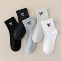 Five pairs of kids' ribbed mid-calf socks in grayscale colors with bow embroidery - 3-5 Years (Feet length 13-15cm) / 5 Pairs / Bow Style