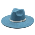 Detail of lake blue felt jazz fedora with 9cm wide brim and white faux leather belt - M(56-59CM) / Peacock Blue (Suede)