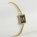 Elegant 18K gold plated stainless steel bracelet with black enamel H-letter pendant - Letter H (ZH497G-H-02)