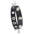 Punk style black leather bracelet with silver square metal studs and adjustable snap button - Black Spike Style