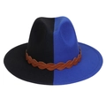 Classic fedora hat in blue and black contrast colors with a brown braided band - Black Blue Patchwork With Belt