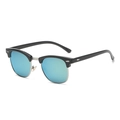 Classic Clubmaster sunglasses with black frame, silver metal rims, and blue mirror lenses - Glossy Black Silver Green Mirror Lens (C7)