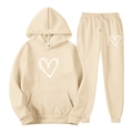 Ensemble sweat à capuche et jogging beige avec motif cœur blanc dessiné à la main - S / Kaki