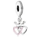 Pink enamel interlocking hearts charm with silver crown and crystal accents - Pink Enamel Double Heart Crown (041)