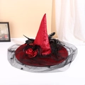 Vibrant red velvet witch hat with black lace veil and rose for Halloween costume parties - One Size / Red
