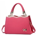 Magenta bow handbag with cross-grain texture and gold wavy trim with crossbody strap - Rose Red