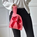Pink knit wrist bag with red bow pattern made of high-quality woven cotton material - Watermelon Red Bow