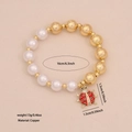 Chic faux pearl beaded bracelet with a cute red ladybug insect charm and copper details - Lucky Spring Style Ladybug (7#)