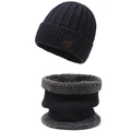 Navy blue knitted beanie and neck warmer set with thick grey plush lining for winter warmth - Hat + Neck Warmer / Blue 2-Piece Set