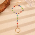 Bohemian gold slave bracelet featuring multi-colored crystals and a finger ring link - Gold Multicolor Round Diamond Slave Bracelet (K-1086)