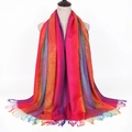 Close-up of ethnic jacquard scarf with colorful gradient patterns and soft fringe detail - Floral Magenta