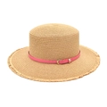 Chapeau de paille à sommet plat avec ceinture en cuir rose et bord frangé pour protection solaire - M (56-58cm) / Kaki