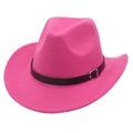 Detail of hot pink felt cowboy hat featuring black leather belt and silver buckle - M (56-58cm) / Rose Red Cowboy (Black Belt)