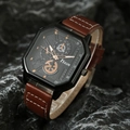 Detail of square black watch case with brown leather strap on dark stone texture - HK045 Watch Only / Brown
