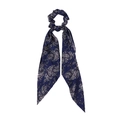 Detail of dark blue paisley silk ponytail scrunchie with elegant hanging ribbons - Blue Paisley