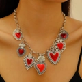 Silver chain necklace with multiple red sacred heart pendants and baroque floral frames - Multi-color Enamel Multi-pendant Necklace / Antique Silver Red Heart Necklace