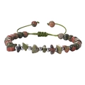 Adjustable Unakite beaded bracelet with green woven cord and silver metallic beads - Unakite