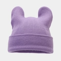 Detail of lavender knit hat showing cute bear ears and fine textured woolen stitch - Purple