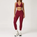 Dark red two-piece yoga set with deep V-neck sports bra and high-waisted pocket leggings - 2044 Bra + 2030-1 Pants - Cherry Red