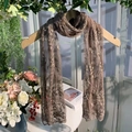 Elegant coffee brown lace mesh scarf with delicate floral embroidery on wood hanger - 3028 Embroidery Lace Style / Brown