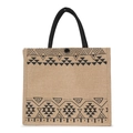 Detailed texture of jute tote bag featuring black ethnic geometric patterns and handles - Black Geometric Print