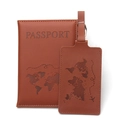 Brown PU leather passport holder and luggage tag set with embossed world map design - Set / Earthy Yellow