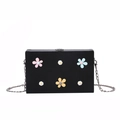 Chic black square bag with colorful 3D flowers and a silver metal chain strap - Black