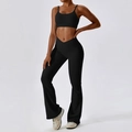 Ensemble de yoga noir côtelé avec brassière col U et pantalon évasé à taille en V - S / Haut Et Bas / Noir Premium