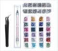 Manicure tool kit with pink dotting pen, black tweezers, and colorful acrylic rhinestones - Tweezers + Double-Ended Wax Pen + 2 Boxes of 12-Color Rhinestones + 1 Box of Silver Rhinestones