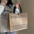 Minimalist beige jute tote bag with ethnic geometric patterns and durable handles - Ethnic Geometric Lace Line