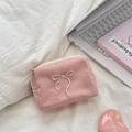 Pink canvas small pouch with bow embroidery, zipper closure and soft aesthetic layout - Pink