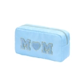 Light blue chenille Mom letter embroidery cosmetic bag with durable gold zipper closure - M / Blue