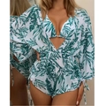 Dreiteiliger Bikini mit tropischem Blattmuster und langärmeligem Mesh-Überwurf, Rückansicht - S / Grün-Weiß Tropisches Blatt