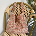 Floral print shoulder tote bag with vintage orange blossoms and side brand label - Pink Cherry Blossom