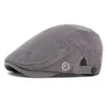 Grey corduroy flat cap with adjustable buckle and smiling face embroidery detail - Gray / Adjustable