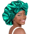 Emerald green satin sleep bonnet featuring a large bow and elastic silk wide band - Large / Green