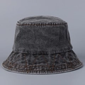 Close-up of deep gray washed denim bucket hat with decorative orange contrast stitching - M (56-58cm) / Black