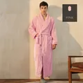 Men's cherry pink long flannel bathrobe with shawl collar and white piping details - Sakura Pink (Male)