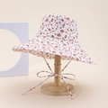 Women's reversible wide brim sun hat featuring red floral patterns and tied wind rope - Little Floral / White